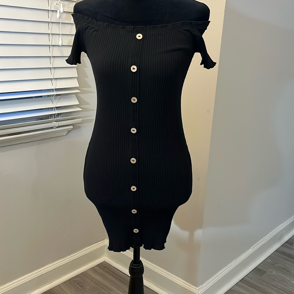 Tight fake button down off the shoulder dress